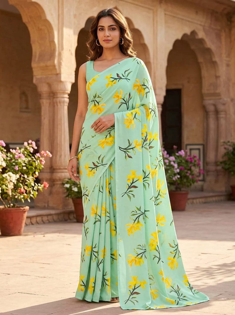 Green Yellow Daffodil Botanical Floral Silk Crepe Digital Printed Fabric