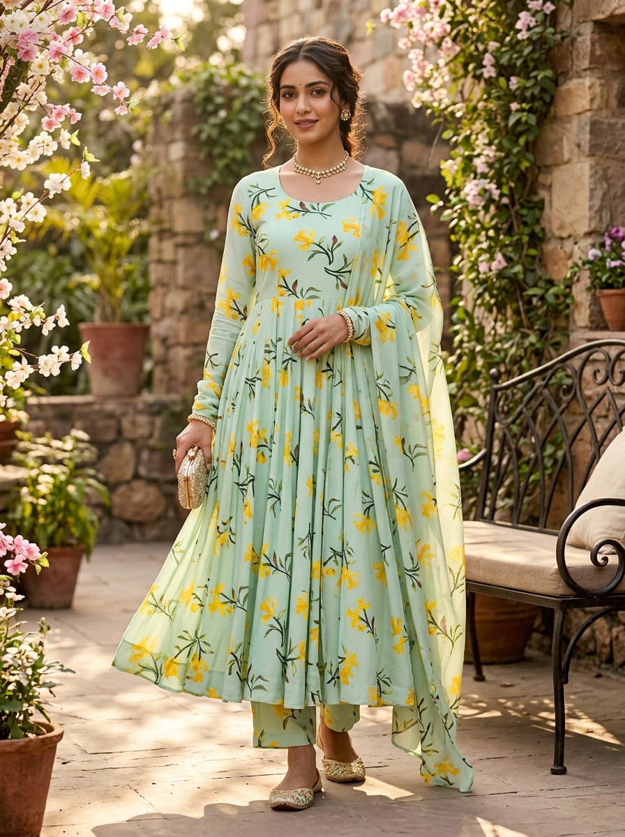 Green Yellow Daffodil Botanical Floral Silk Crepe Digital Printed Fabric