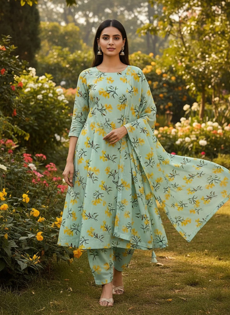 Green Yellow Daffodil Floral Kora Silk Digital Printed Fabric