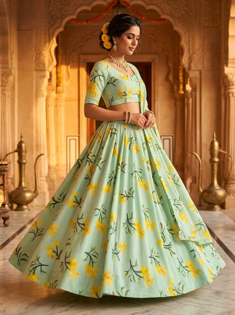 Green Yellow Daffodil Floral Kora Silk Digital Printed Fabric