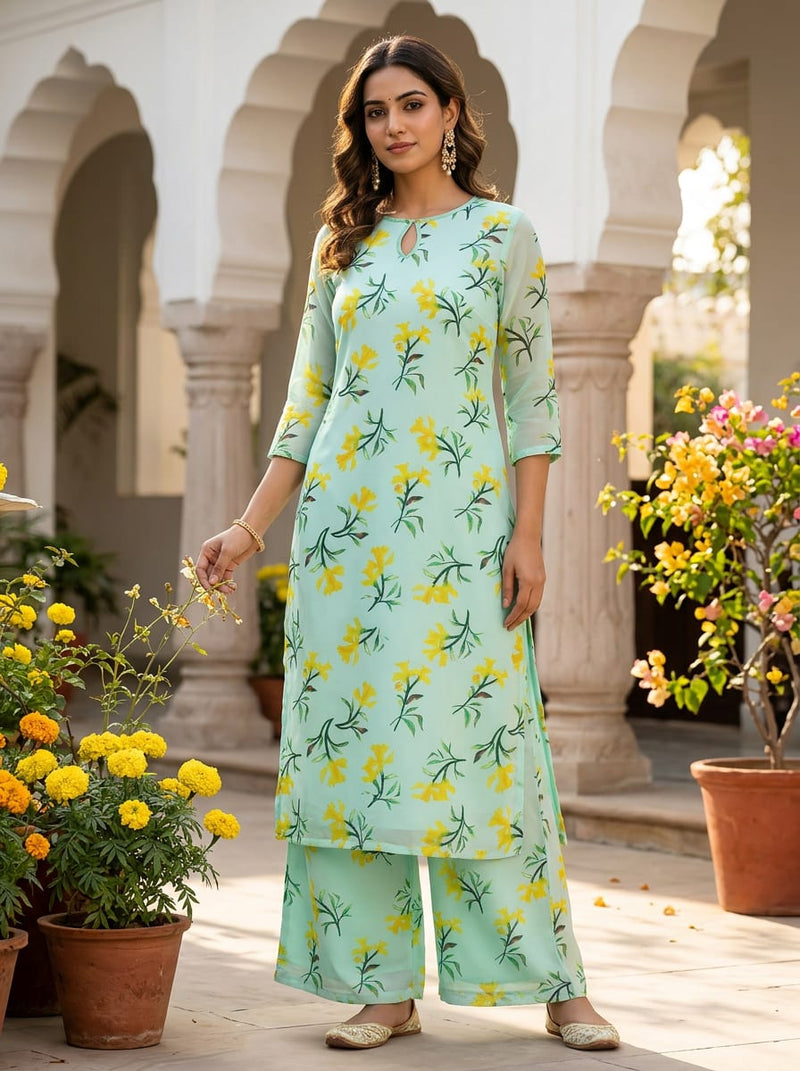 Teal Yellow Daffodil Floral Muslin Digital Printed Fabric
