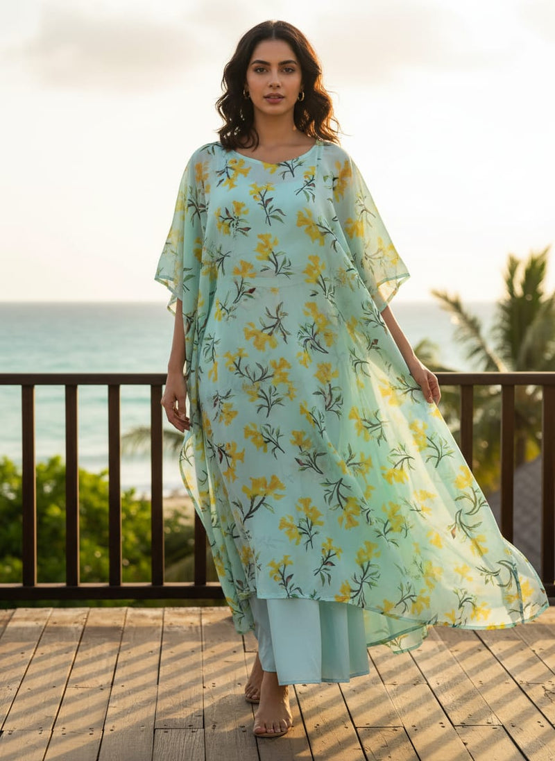 Teal Yellow Daffodil Floral Muslin Digital Printed Fabric