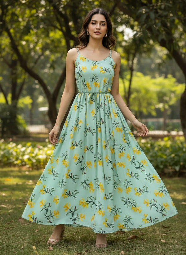 Green Yellow Daffodil Floral Pure Chinon Digital Printed Fabric - Flowy Maxi Dress Lookbook - PC-0-TA01241-106 - alternate view