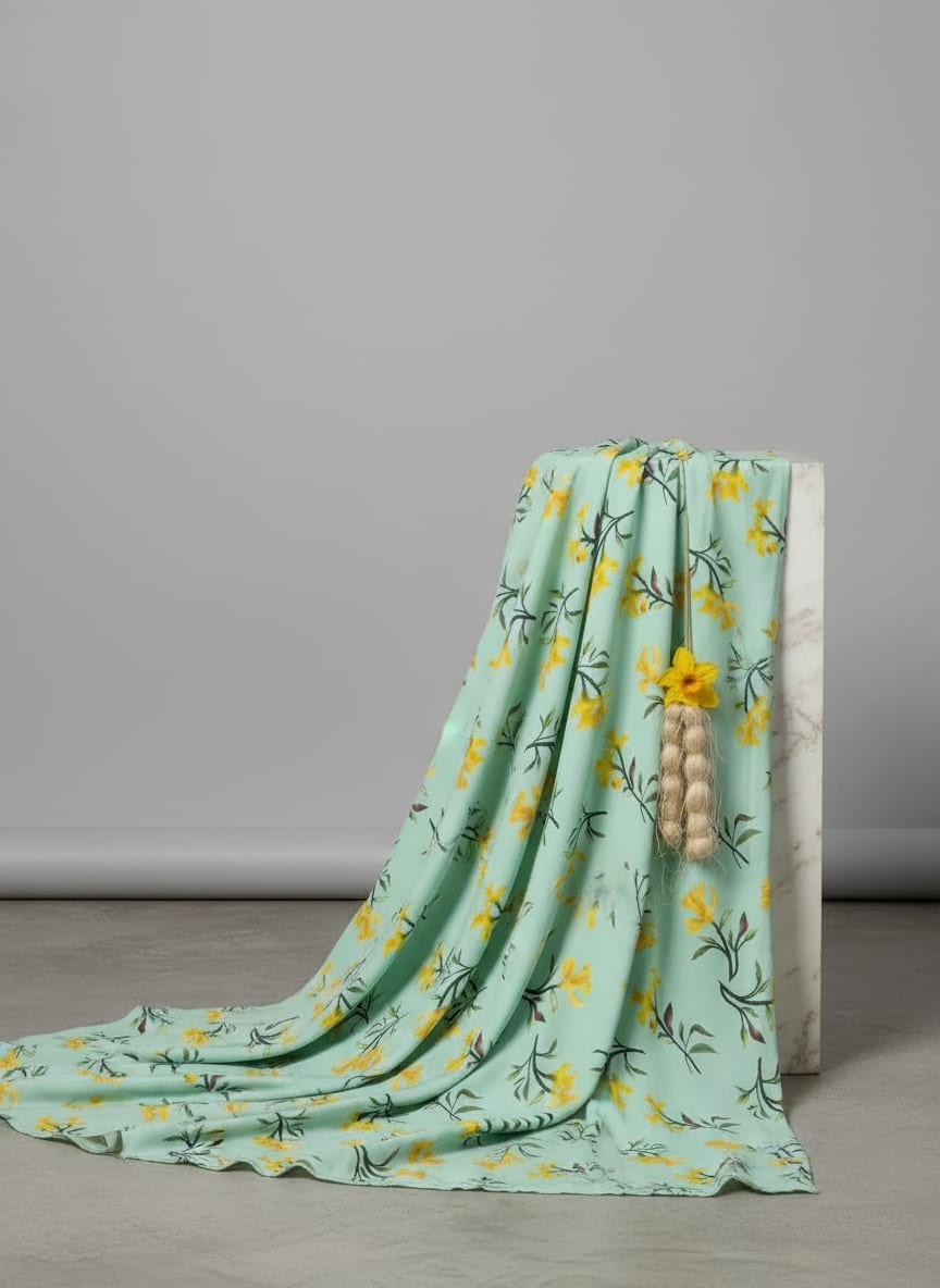 Green Yellow Daffodil Floral Pure Chinon Digital Printed Fabric