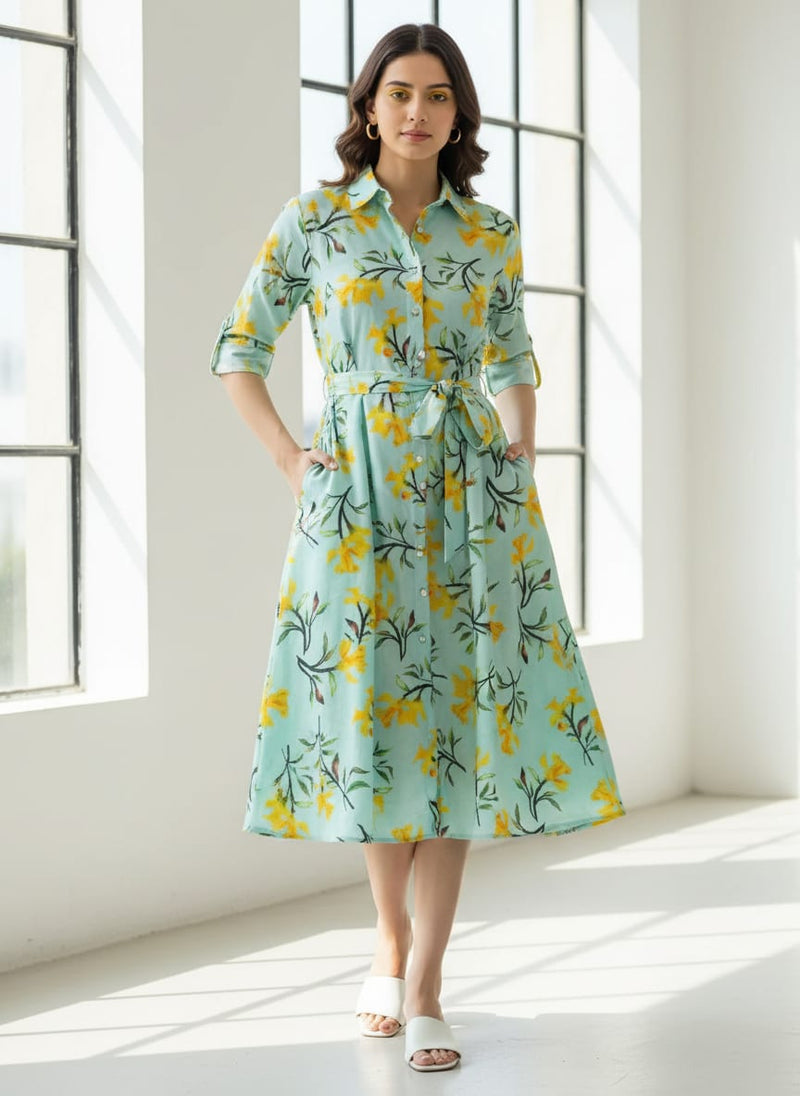 Blue Yellow Daffodil Floral Pure Cotton Digital Printed Fabric