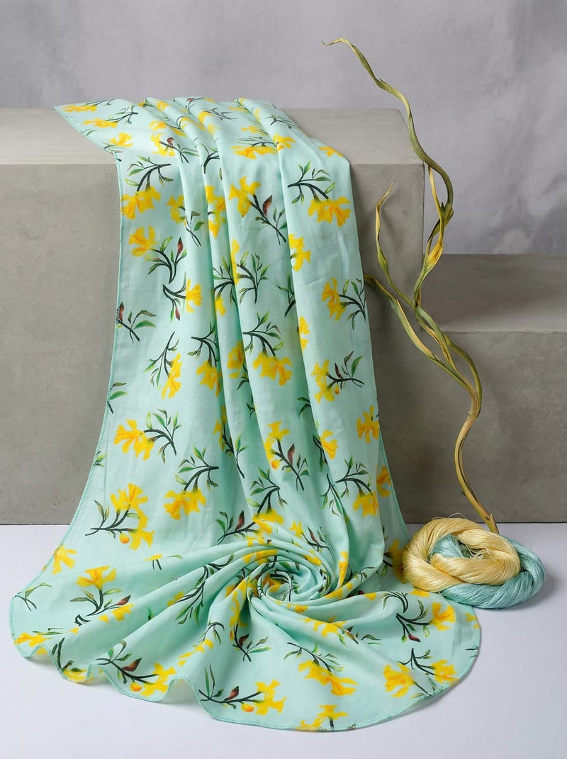 Blue Yellow Daffodil Floral Pure Cotton Digital Printed Fabric