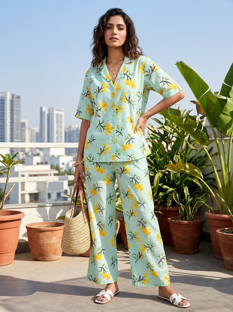 Blue Yellow Daffodil Floral Pure Cotton Digital Printed Fabric