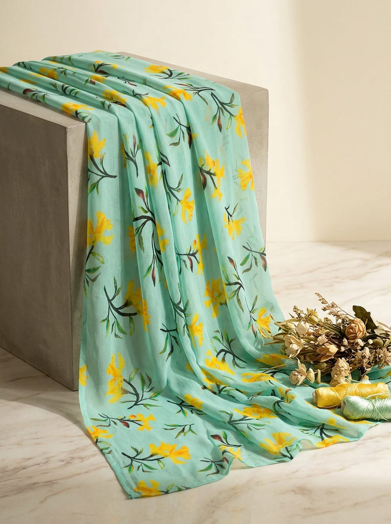 Blue Yellow Daffodil Floral Pure Georgette Digital Printed Fabric