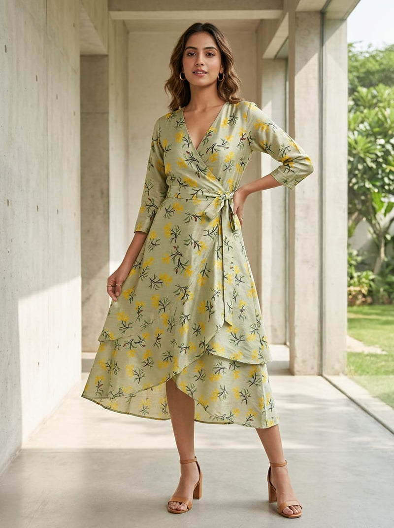 Green Dainty Yellow Floral Sprigs Tusser Silk Digital Printed Fabric
