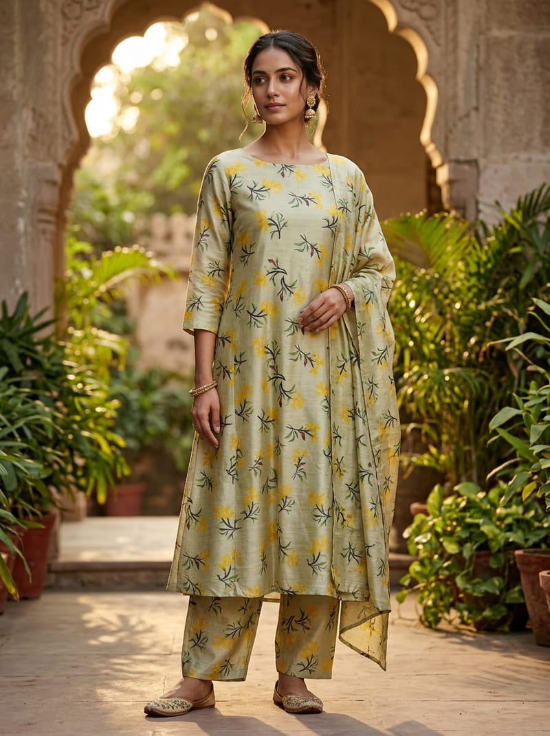 Green Dainty Yellow Floral Sprigs Tusser Silk Digital Printed Fabric