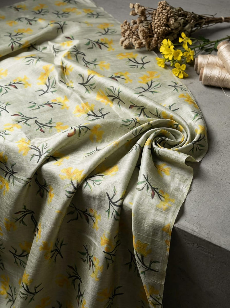 Green Dainty Yellow Floral Sprigs Tusser Silk Digital Printed Fabric
