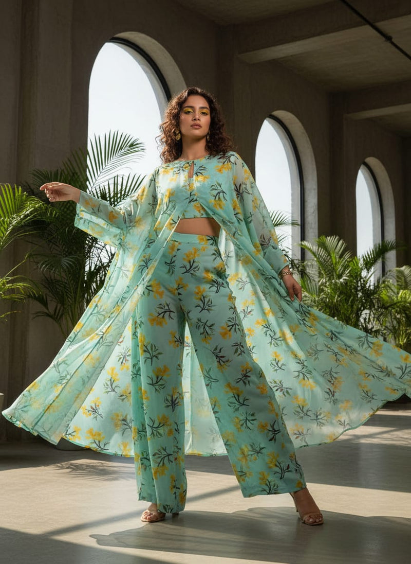 Teal Yellow Daffodil Floral Weightless Digital Printed Fabric