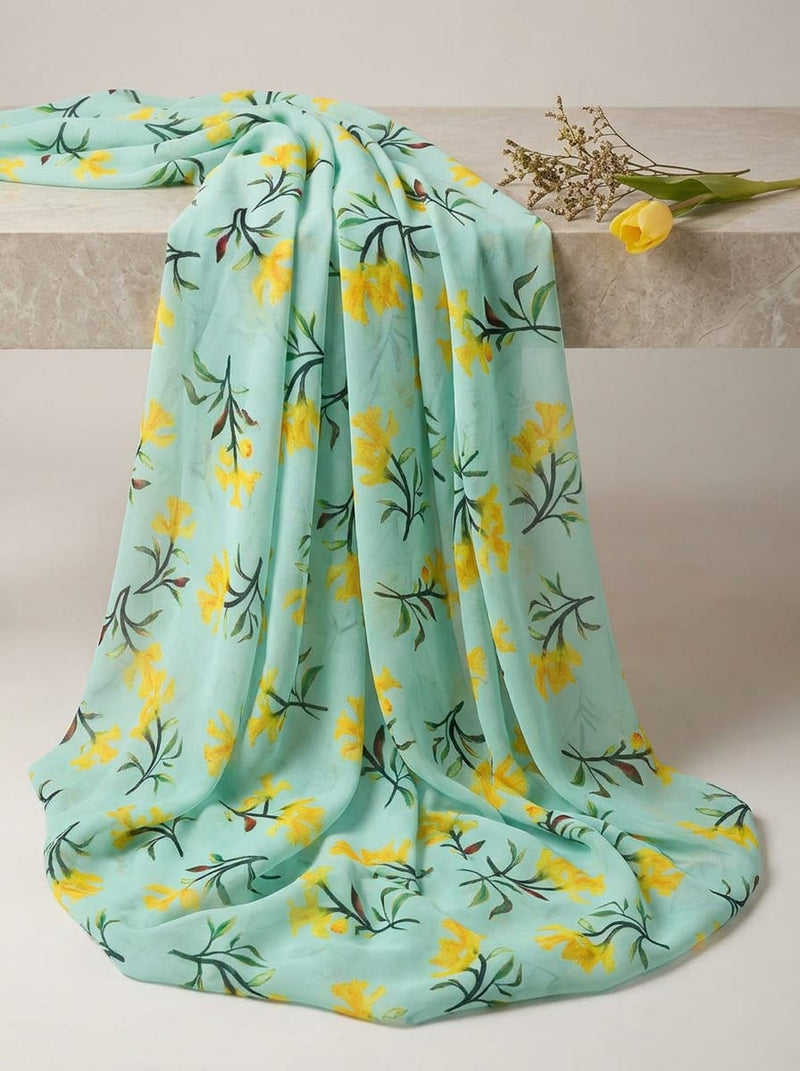 Teal Yellow Daffodil Floral Weightless Digital Printed Fabric