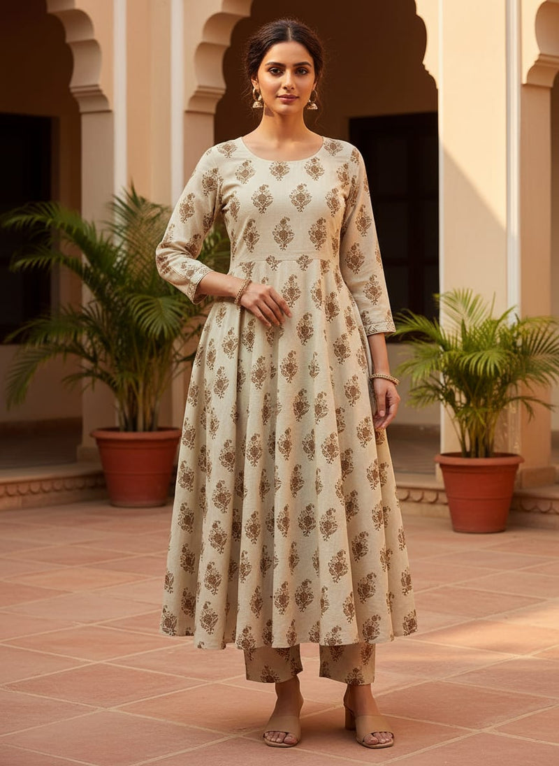 Cream and Brown Ethnic Botanical Buti Print Muslin Digital Printed Fabric