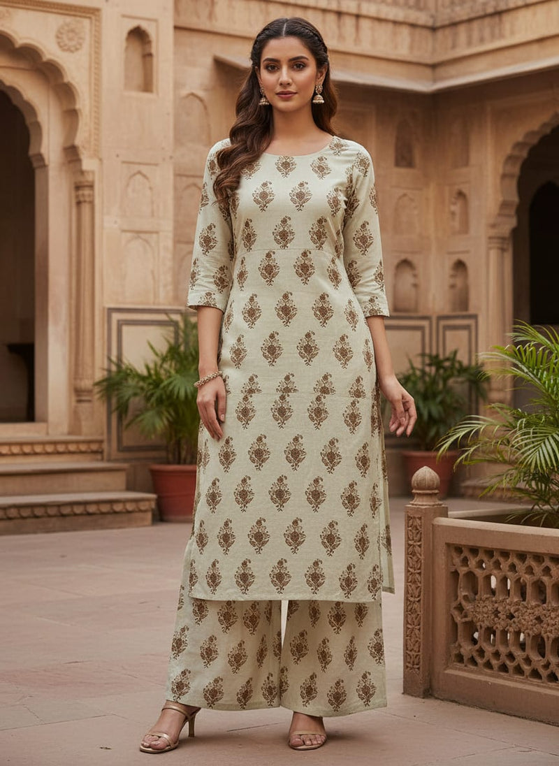 Cream and Brown Ethnic Botanical Buti Print Muslin Digital Printed Fabric