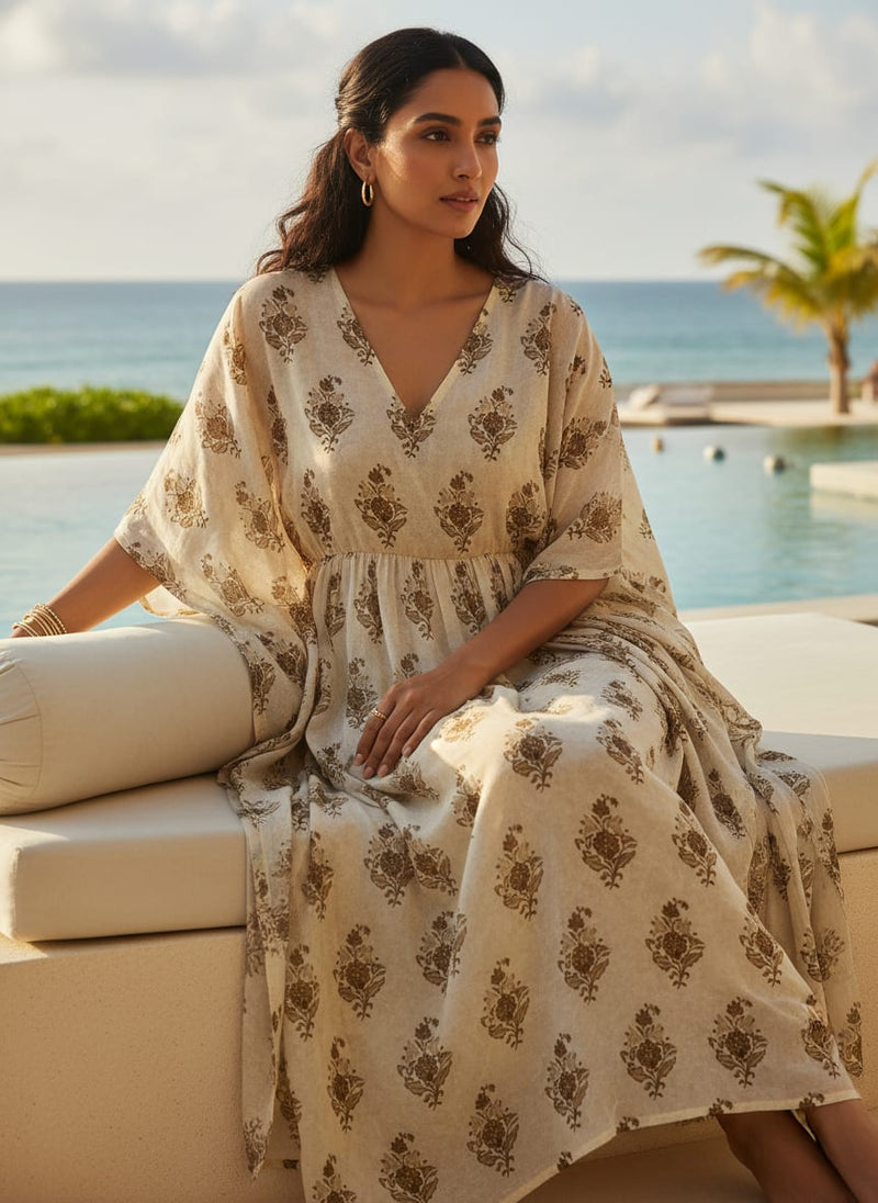 Cream and Brown Ethnic Botanical Buti Print Muslin Digital Printed Fabric