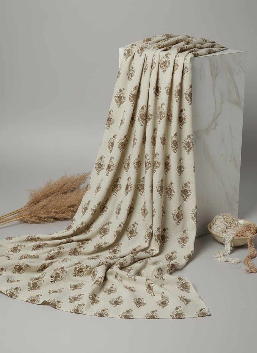 Cream and Brown Ethnic Botanical Buti Print Muslin Digital Printed Fabric