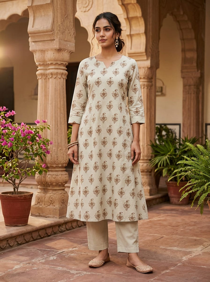 Cream Ethnic Floral Buti Print Pure Cotton Digital Printed Fabric