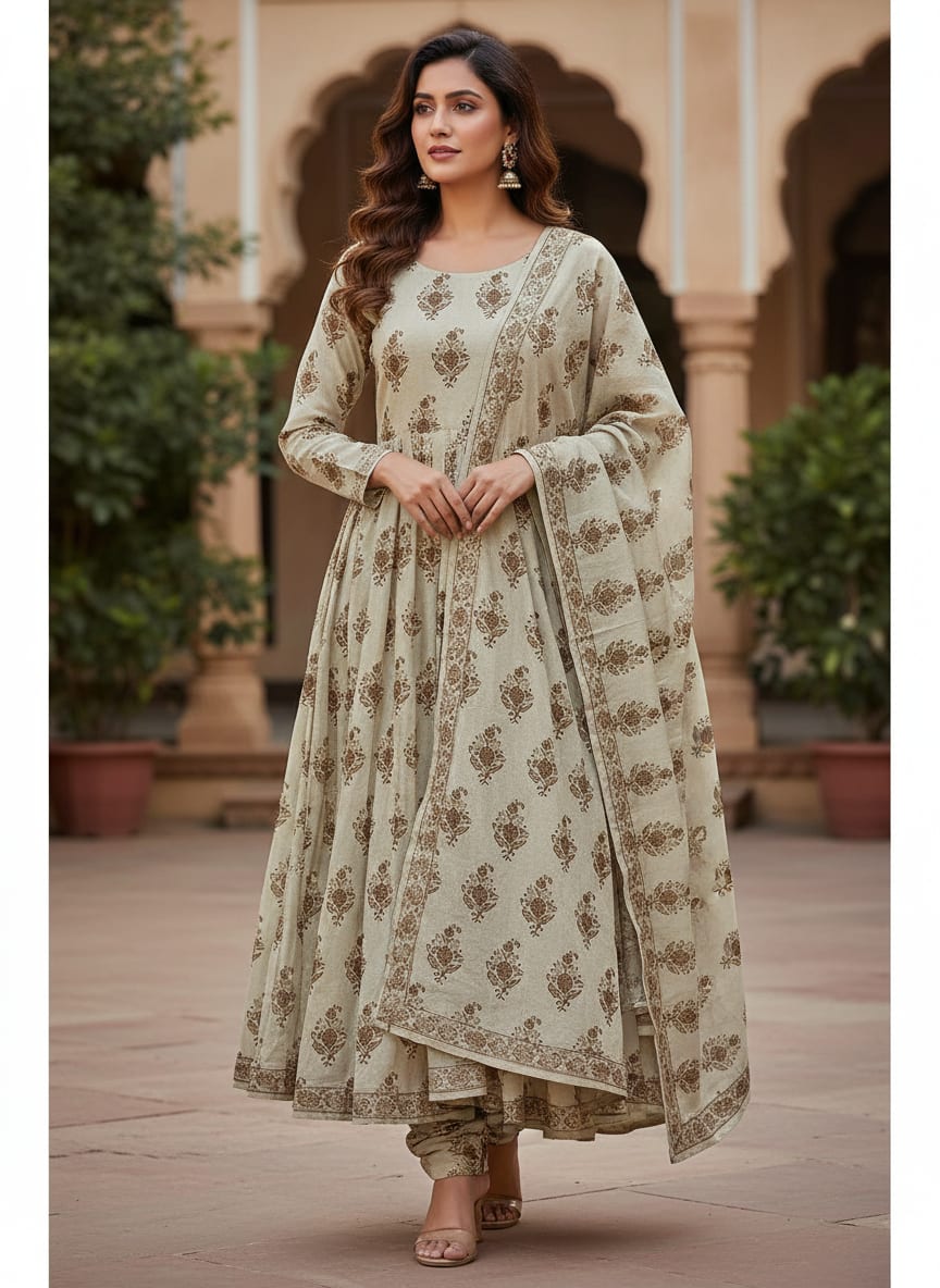 Cream Ethnic Botanical Buti Print Tusser Silk Digital Printed Fabric