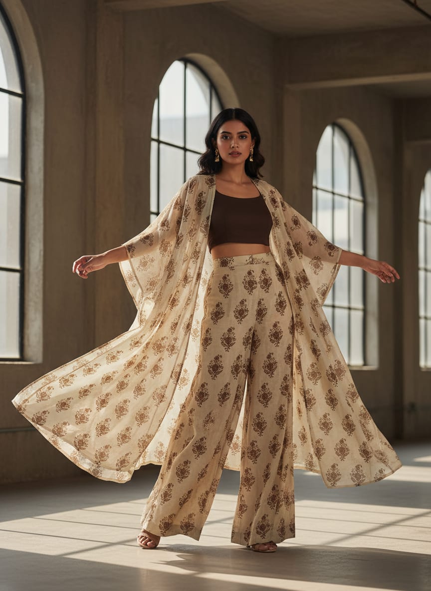 Cream Ethnic Botanical Buti Print Tusser Silk Digital Printed Fabric