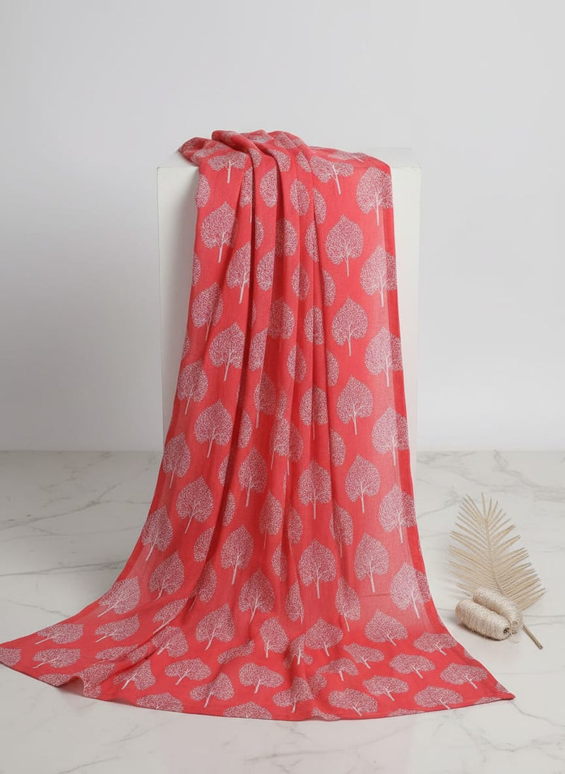 Red Ethnic Bodhi Tree Print Pure Cotton Digital Printed Fabric