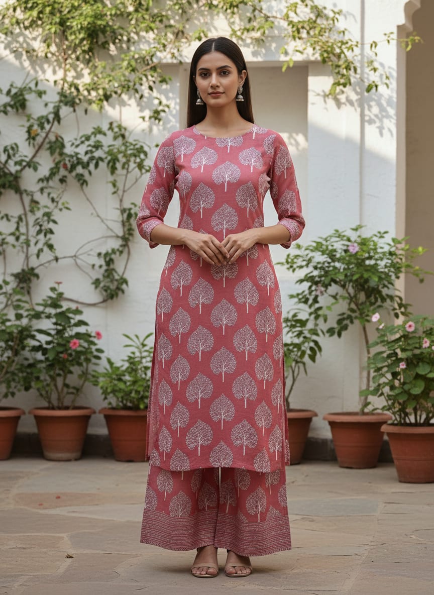 Pink Ethnic Botanical Tree Motif Muslin Digital Printed Fabric