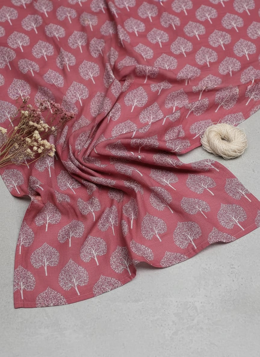 Pink Ethnic Botanical Tree Motif Muslin Digital Printed Fabric