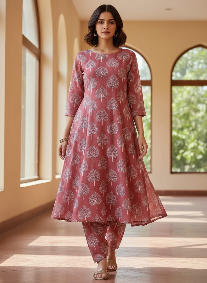 Pink Ethnic Botanical Tree Motif Muslin Digital Printed Fabric