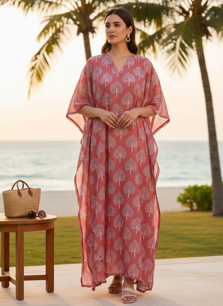 Pink Ethnic Botanical Tree Motif Muslin Digital Printed Fabric