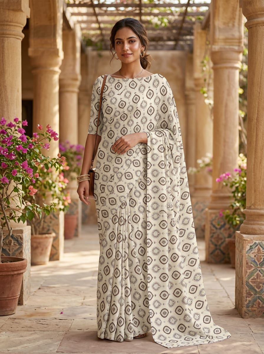 Cream and Brown Ethnic Damask Motif Silk Crepe Digital Printed Fabric