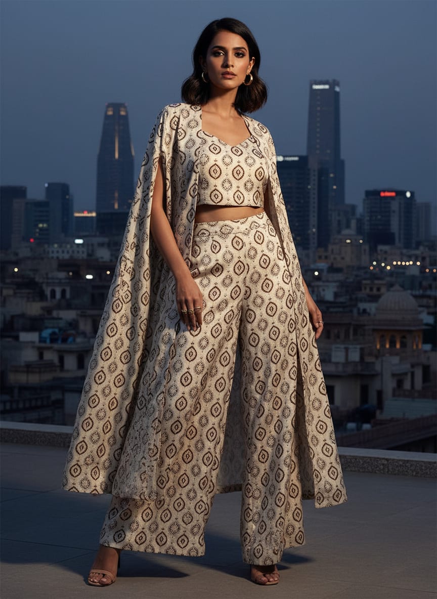Cream Ethnic Damask Motif Japan Satin Digital Printed Fabric