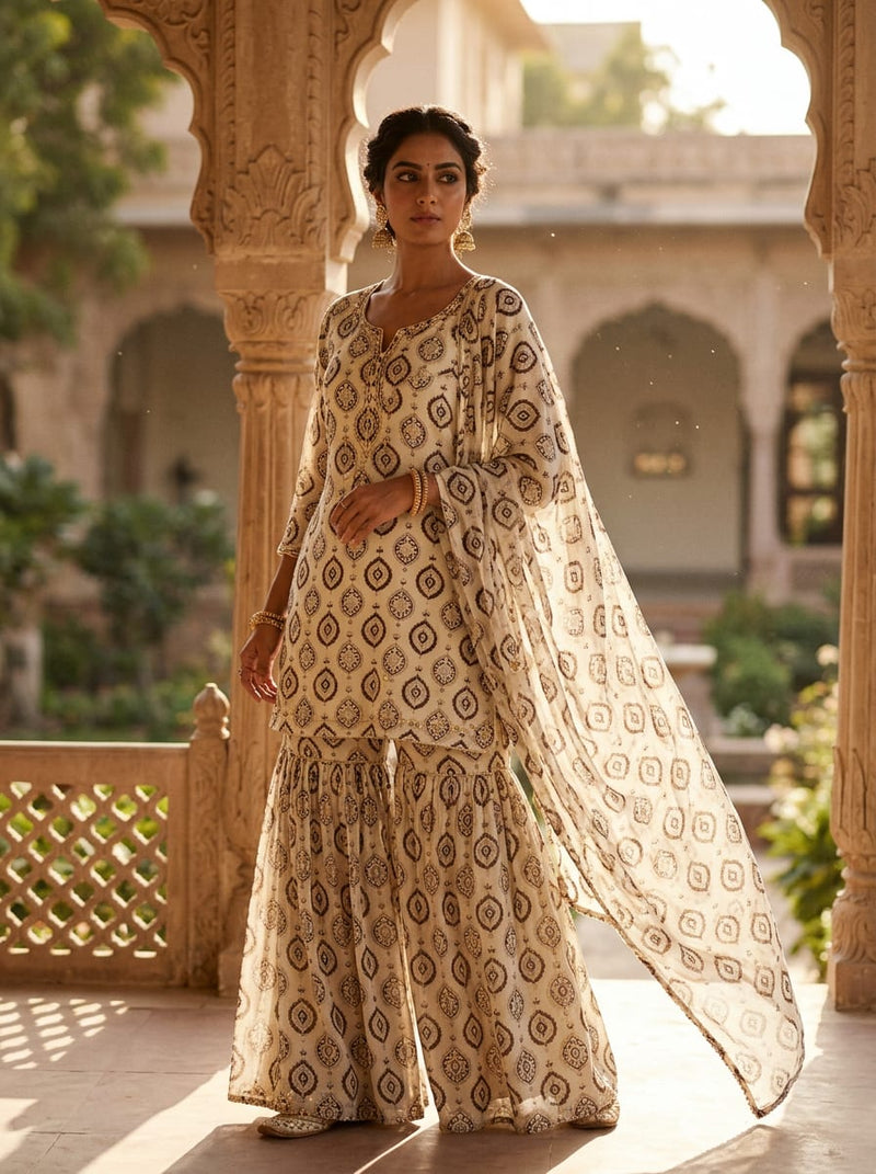 Cream Ethnic Damask Motif Pure Chiffon Digital Printed Fabric