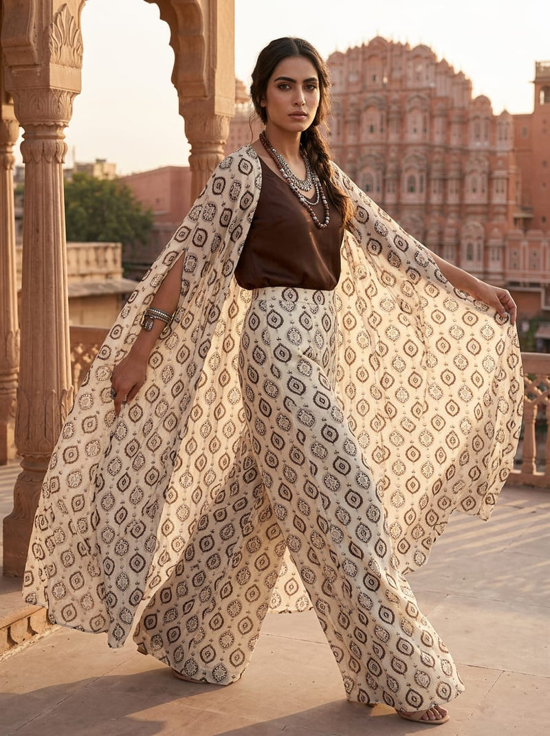 Cream Ethnic Damask Motif Pure Chiffon Digital Printed Fabric