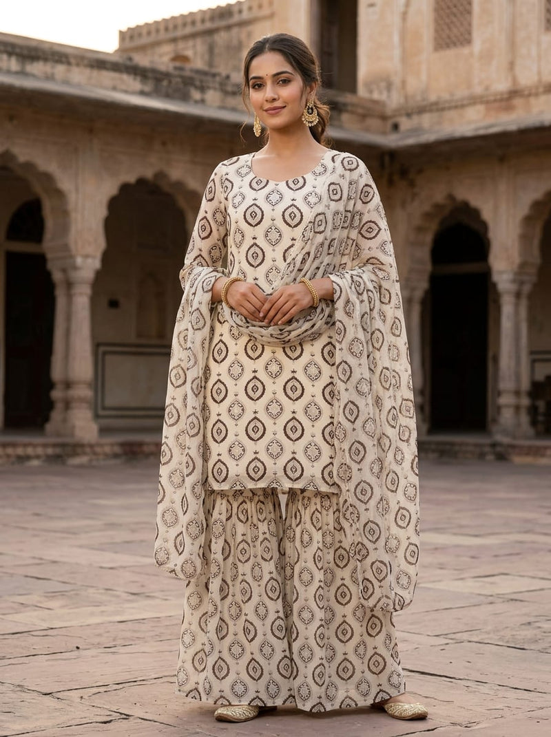 Cream Ethnic Damask Motif Pure Chiffon Digital Printed Fabric