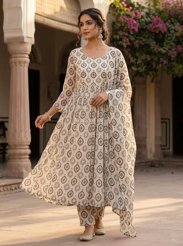 Cream Ethnic Damask Motif Pure Chiffon Digital Printed Fabric - Anarkali Kurta Set Lookbook - PCH-0-TA01028-96 - alternate view