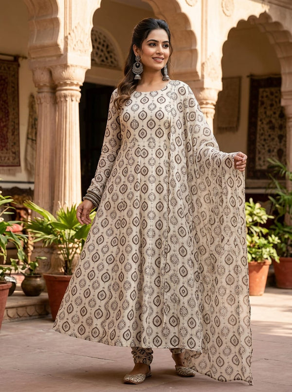 Cream Ethnic Medallion Pattern Pure Chinon Digital Printed Fabric - Anarkali Kurta Set Lookbook - PC-0-TA01028-106 - alternate view