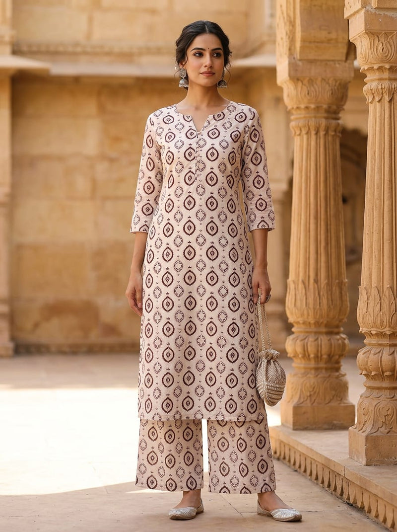 Cream Ethnic Medallion Motif Pure Cotton Digital Printed Fabric