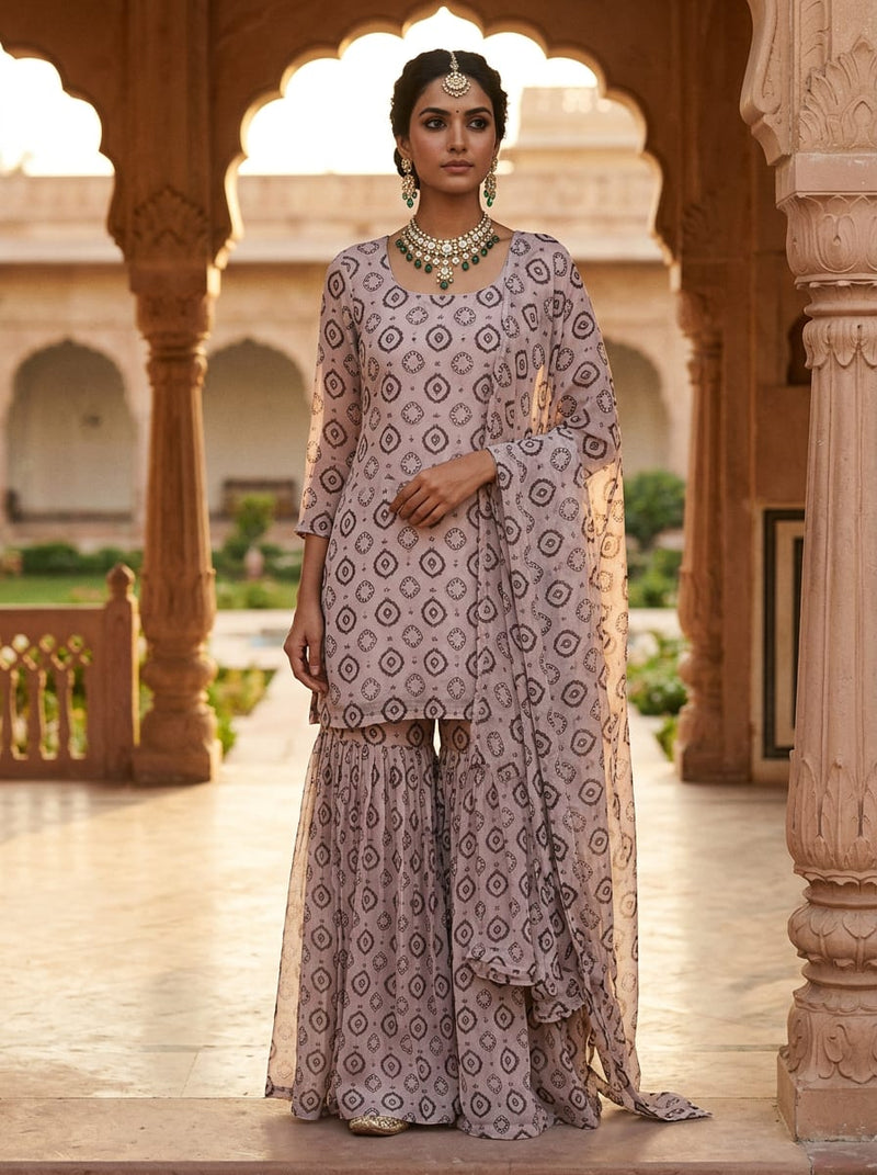 Grey Ethnic Damask Motifs Pure Georgette Digital Printed Fabric