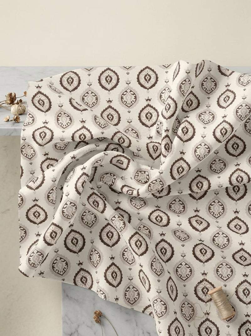 Cream Ethnic Damask Motif Tusser Silk Digital Printed Fabric
