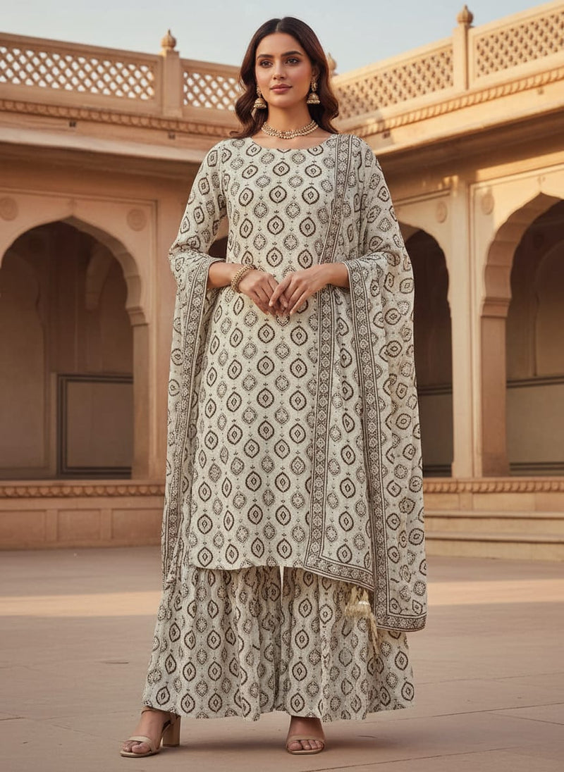 Cream Brown Ethnic Damask Motif Weightless Digital Printed Fabric