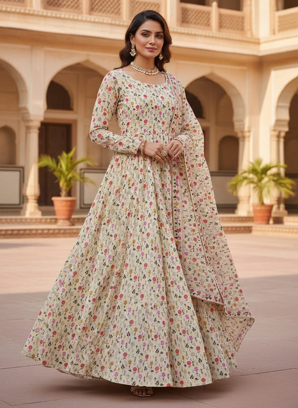 Small Motif Flowers Digital Printed Fabric - Anarkali Kurta Set Lookbook - PC-0-TA01075-106 - alternate view