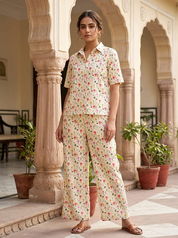 Cream Ditsy Botanical Floral Print Pure Cotton Digital Printed Fabric - Co-ord Set with Wide Leg Pants Lookbook - PCO-0-TA01075-108 - alternate view