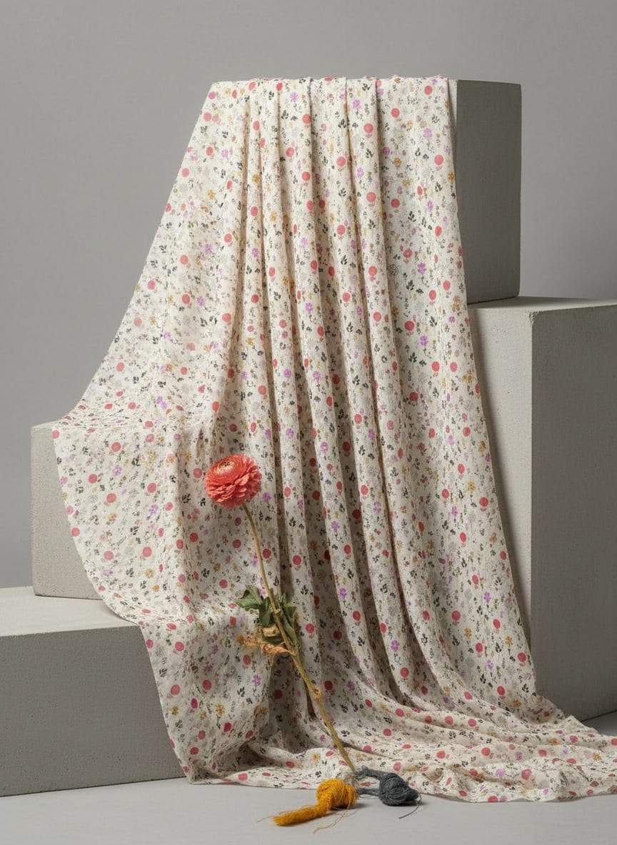 Cream Ditsy Botanical Floral Pure Georgette Digital Printed Fabric