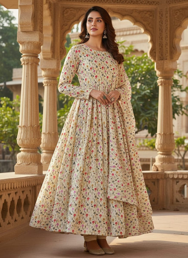 Cream Ditsy Botanical Floral Pure Georgette Digital Printed Fabric - Anarkali Kurta Set Lookbook - PG-0-TA01075-110 - alternate view
