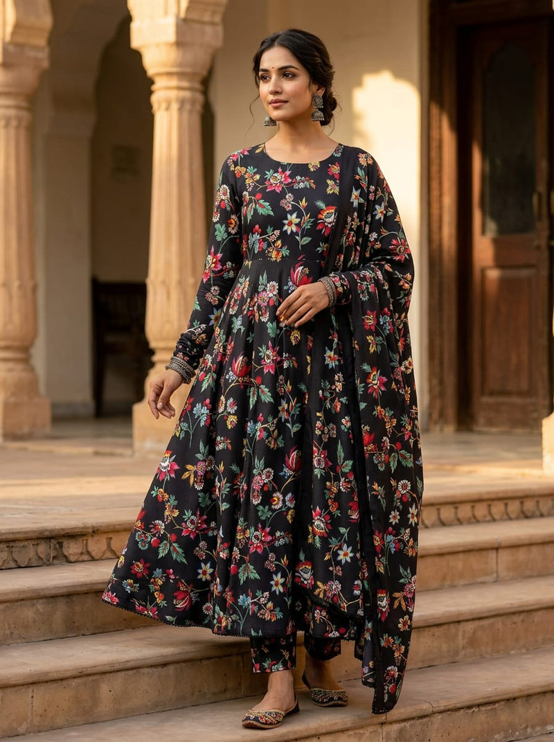 Black Colorful Ethnic Floral Vine Silk Crepe Digital Printed Fabric