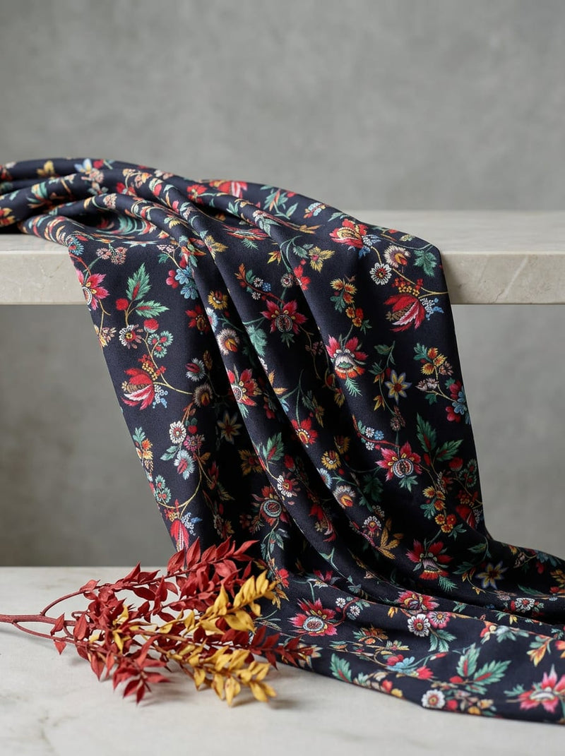 Black Colorful Ethnic Floral Vine Silk Crepe Digital Printed Fabric