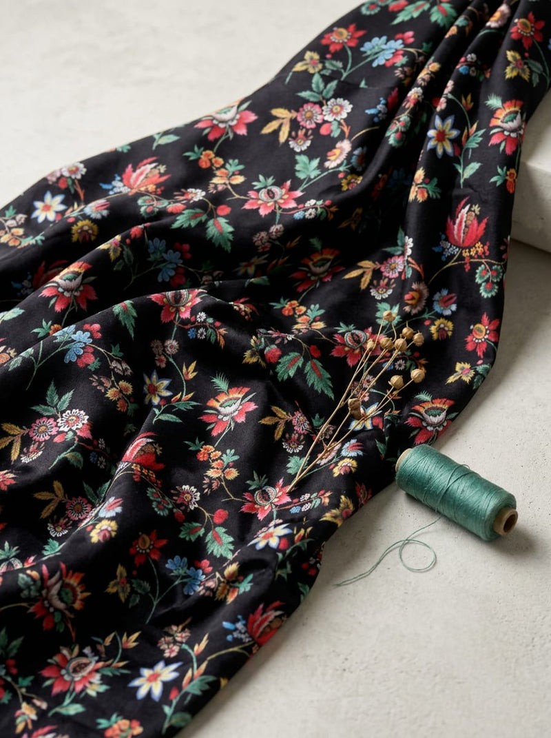 Black Vintage Small Floral Japan Satin Digital Printed Fabric