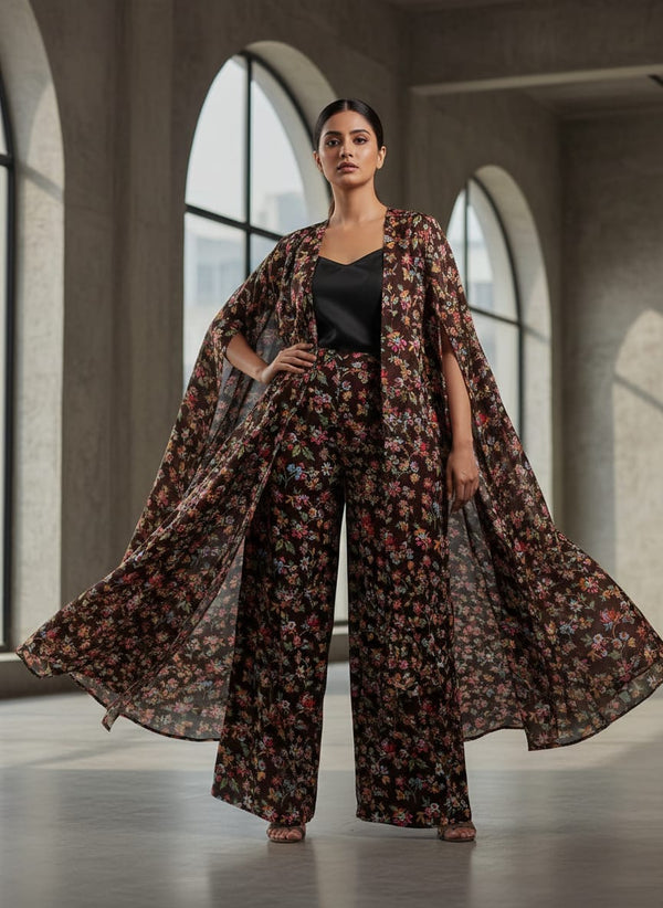 Small Wild Flower Motif Digital Printed Fabric - Cape with Palazzo Lookbook - PC-0-TA0738-106 - alternate view
