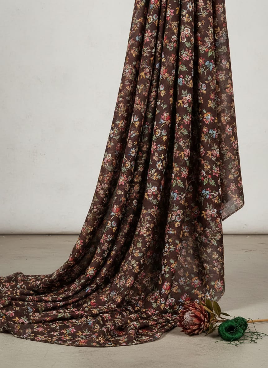 Multicolor Vintage Botanical Floral Vine Pure Chinon Digital Printed Fabric