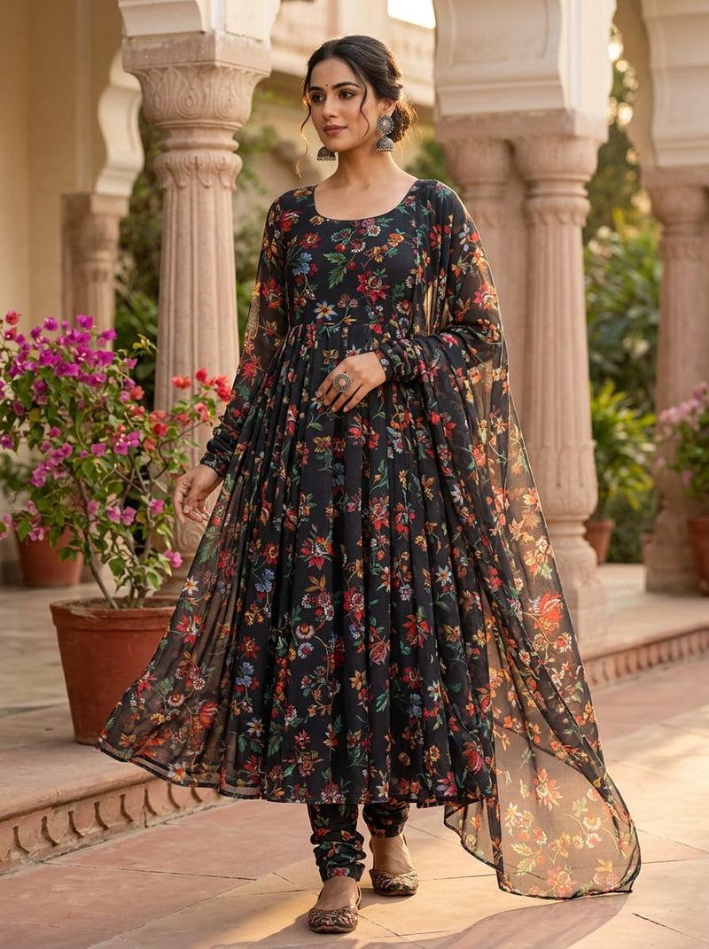 Black Colorful Ethnic Floral Vine Weightless Digital Printed Fabric